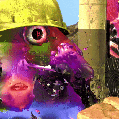 Surreal digital art featuring a metallic creature with a yellow construction hard hat against a colorful psychedelic background