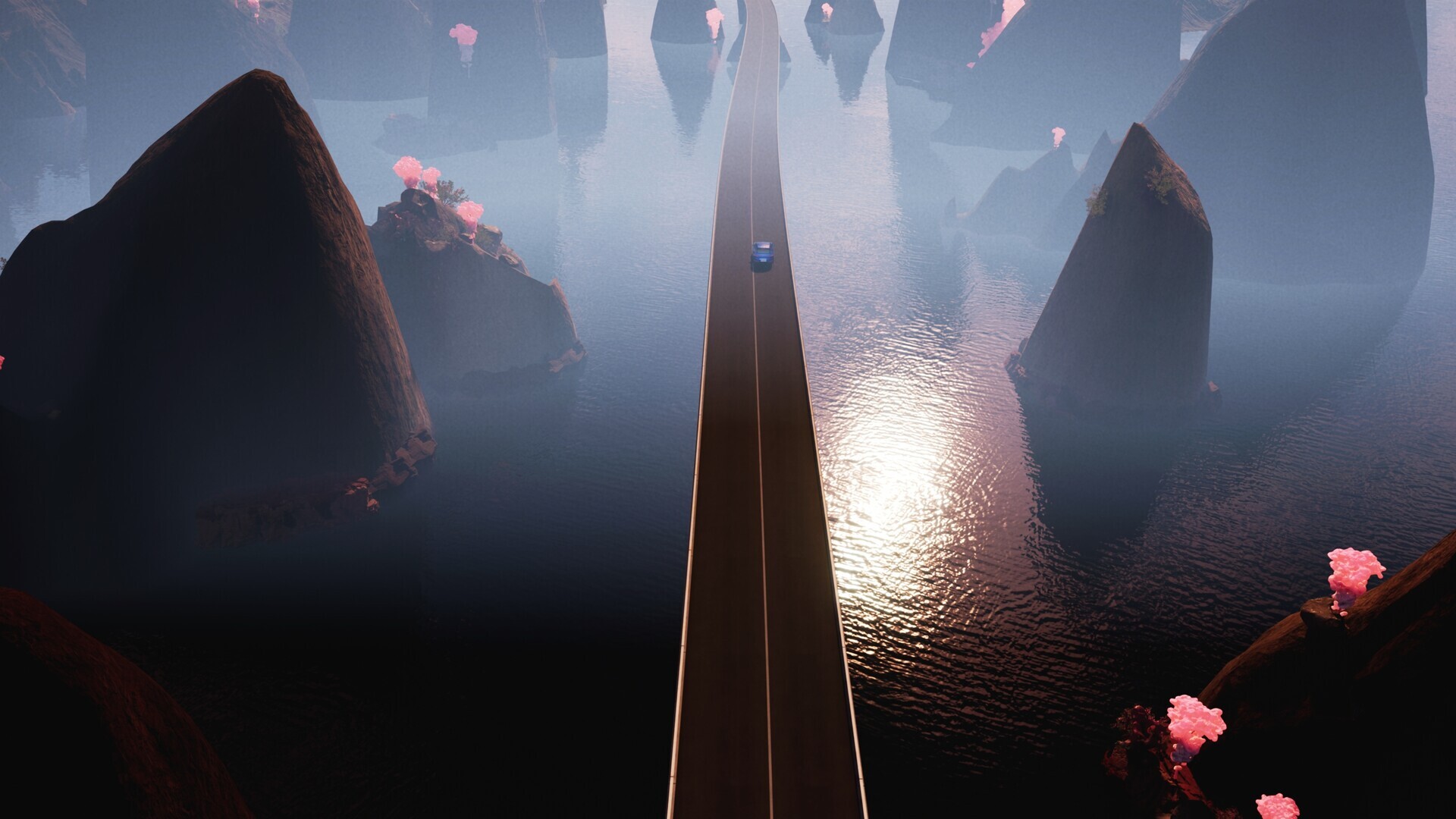 Dramatic silhouetted highway stretching toward a brilliant sunset between towering rock spires in a surreal landscape with scattered pink ethereal formations