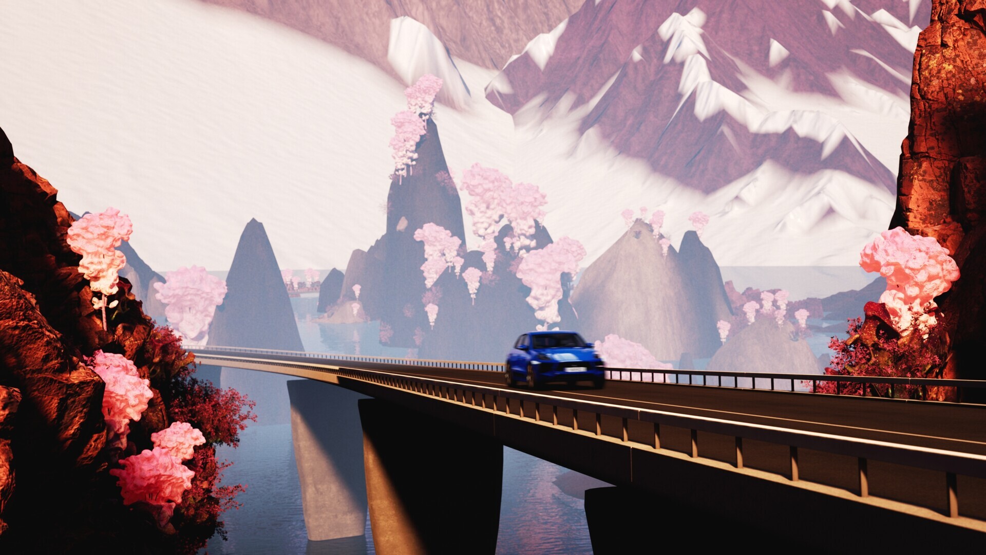 Blue Porsche driving along a curved elevated bridge with fantastical mountain peaks and pink cherry blossom-like formations against a dreamlike atmosphere