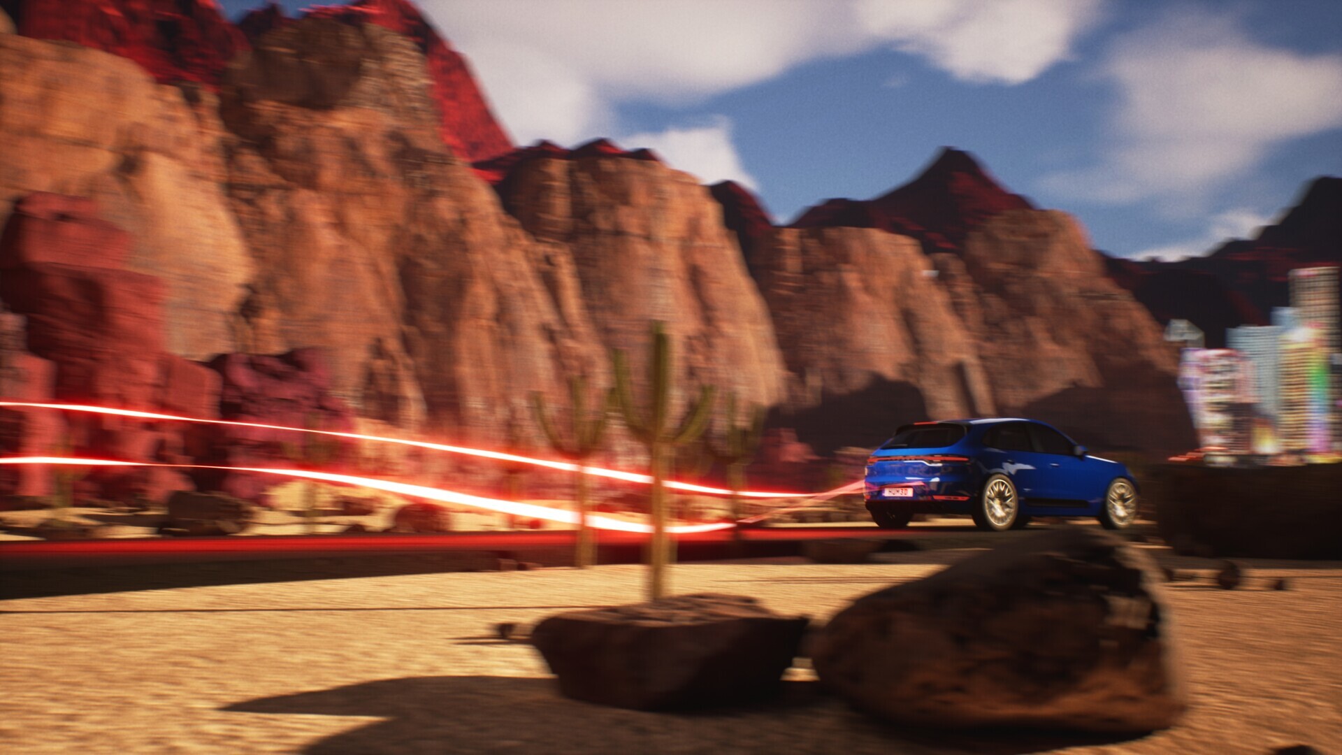 Blue Porsche with dynamic red light trails against dramatic desert canyon rock formations in warm golden lighting