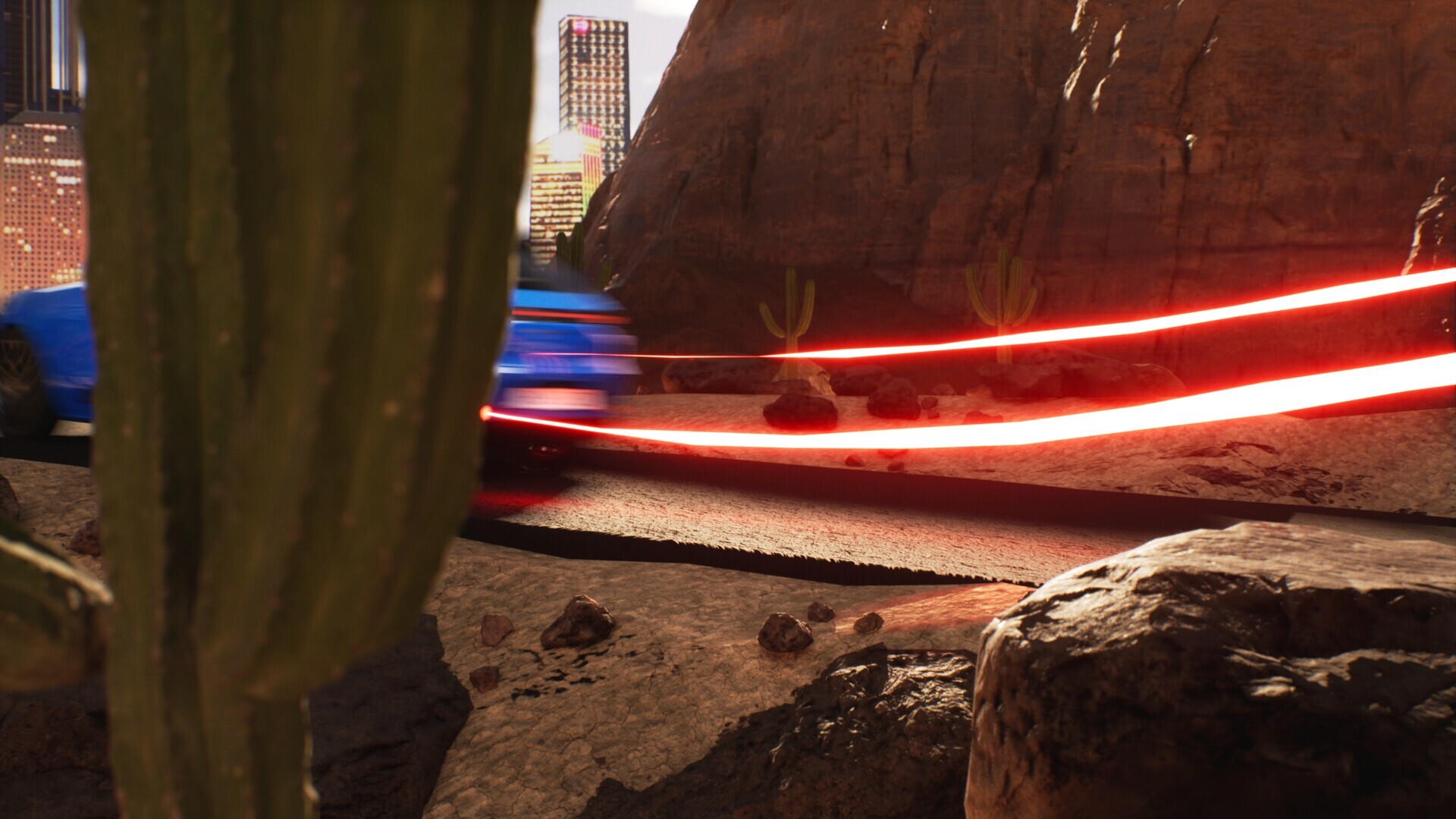Blue Porsche with dynamic red light trails against dramatic desert canyon rock formations in warm golden lighting
