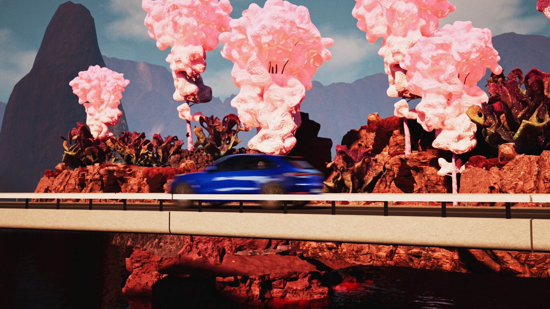 Close-up view of a concrete bridge with cotton candy-like pink formations erupting from red rock formations below, part of a surreal automotive landscape series
