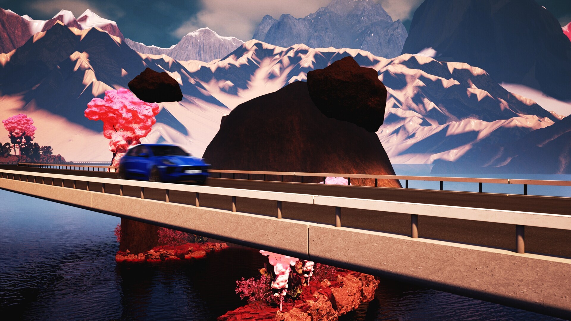 A blue Porsche sports car speeding across an elevated bridge, framed by dramatic red rock formations and mountain landscapes – a surreal automotive visualization.