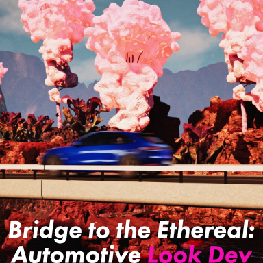 Blue Porsche vehicle crossing a concrete bridge through a surreal landscape with pink cloud formations against red rock formations, showcasing automotive visualization in dreamlike environments