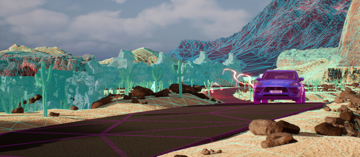 Behind-the-scenes Unreal Engine screenshot showing purple Porsche on coastal highway with turquoise water and mountain backdrop during automotive visualization development