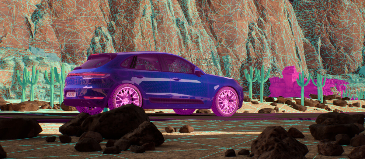 Unreal Engine development screenshot of purple Porsche with pink ethereal formations against rock wall backdrop during automotive visualization R&D process