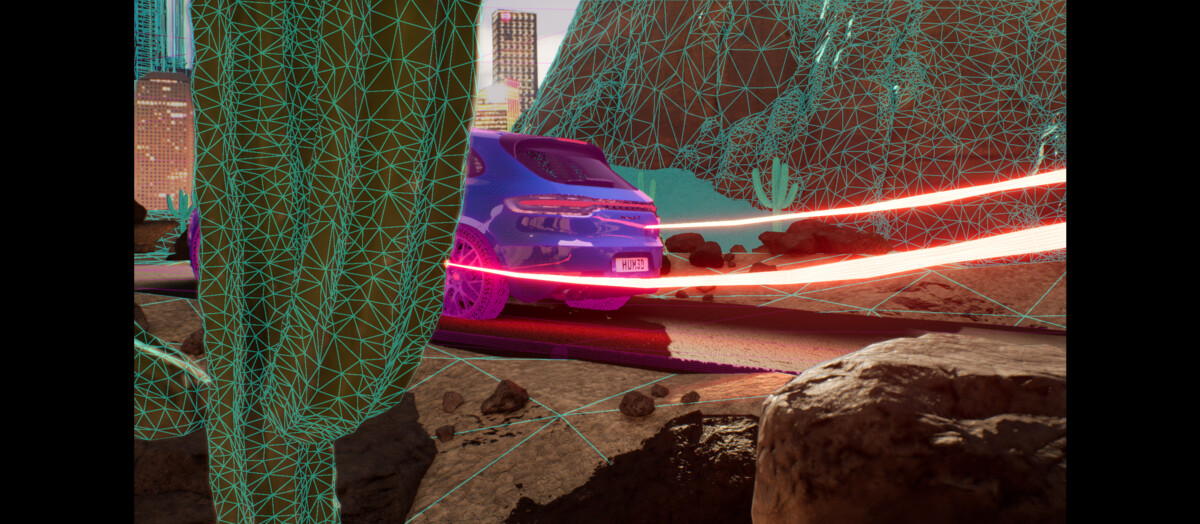 Unreal Engine development view showing purple Porsche with motion trail effects between desert rock formations during automotive visualization technical testing