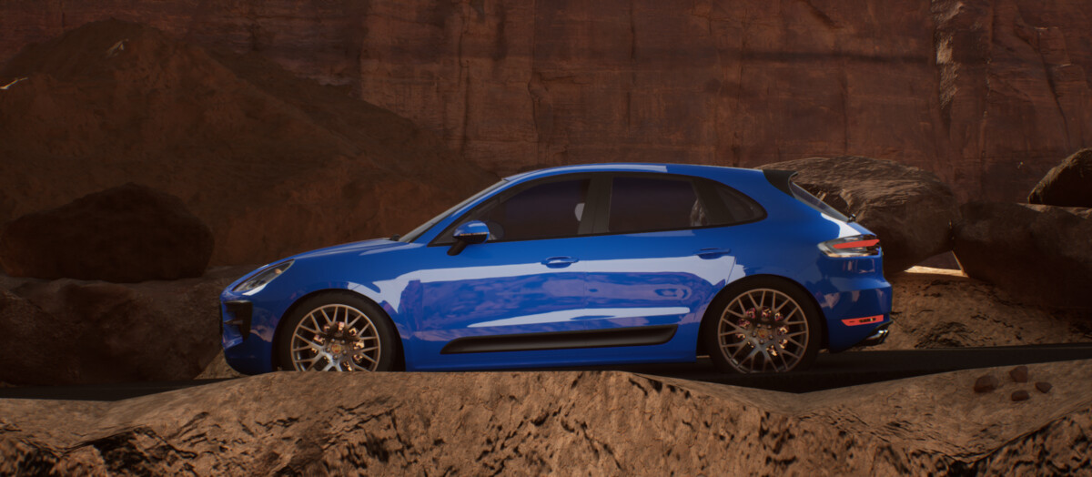 Unreal Engine editor view of blue Porsche against minimalist rock wall setting during material development phase of automotive visualization project