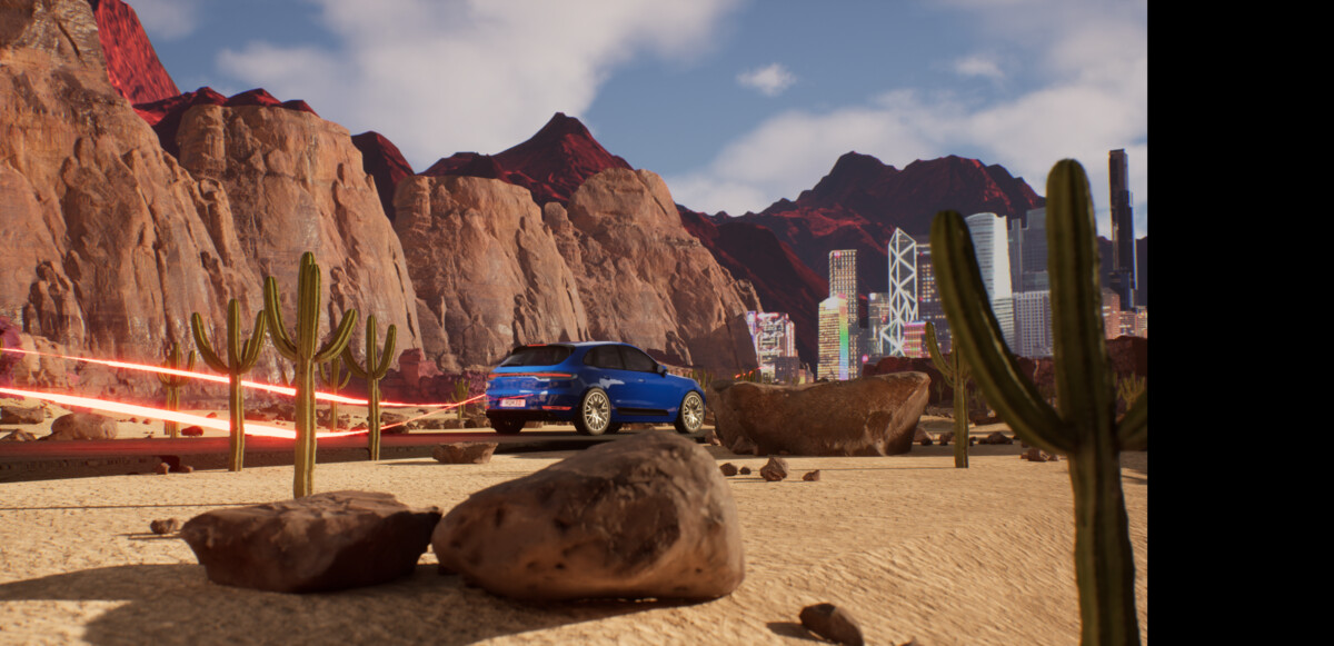 Unreal Engine development screenshot showing blue Porsche in desert canyon environment with dramatic rock formations during landscape composition testing